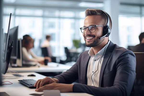 Computer network support specialist engaging with clients over a headset