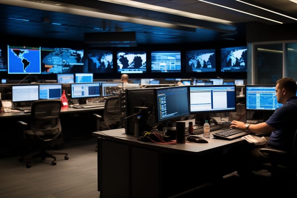 Cyber security engineer at work in a command center with multiple monitors displaying global data, emphasizing the importance of cyber security engineer certification.