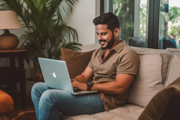 IT Courses Online for Beginners : Exploring the Best Beginner-Friendly Tech Courses. A man smiling while working on a laptop, comfortably seated on a sofa at home.