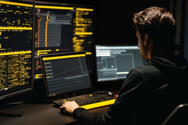 Programmer immersed in JavaScript code on multiple monitors, suggesting a focus on JavaScript certification.