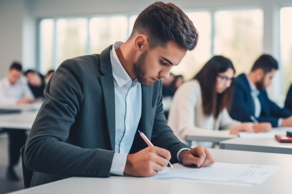 Microsoft Software Certification : Windows 10 and Windows 11 Certification Insights. A focused young man in business attire taking an exam in a classroom setting.