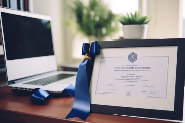 Online programs for certifications. A graduation certificate with a blue ribbon placed on a desk next to an open laptop.