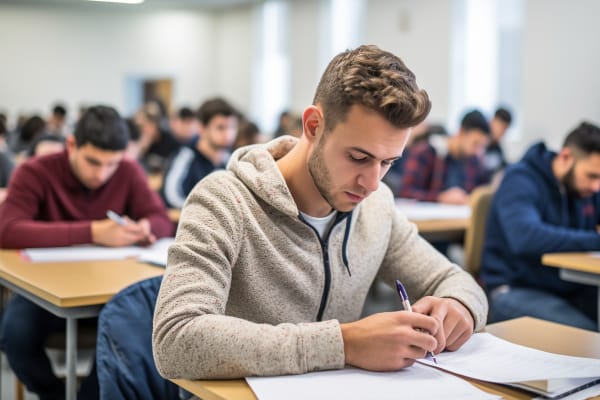 Where to Take the A+ Certification Test : Booking Through Pearson Vue/CompTIA. A young man intently writing on an exam paper in a crowded classroom.