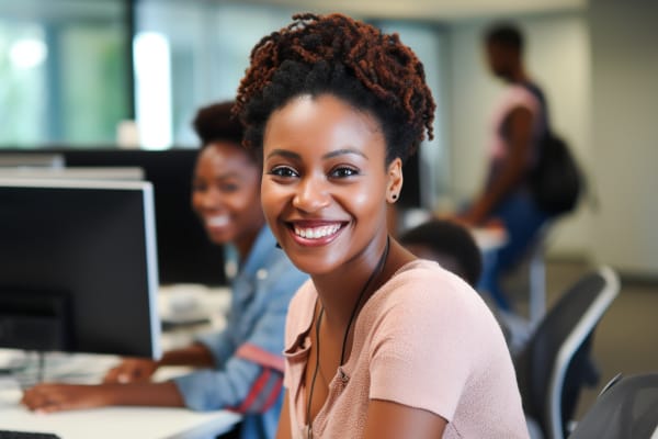 Word Excel Certification : Enhancing Your Skills with MOS. A young woman smiling at the camera in a computer lab with classmates in the background.